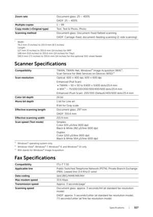 Page 327Specifications |327
*Width:
76.2 mm (3 inches) to 215.9 mm (8.5 inches)
Length:
127 mm (5 inches) to 355.6 mm (14 inches) for MPF
148 mm (5.8 inches) to 355.6 mm (14 inches) for Tray1
190.5 mm (7.5 inches) to 355.6 mm (14 inches) for the optional 550-sheet feeder
Scanner Specifications
*1Windows® operating system only*2Windows Vista®, Windows® 7,  W i n d o w s® 8, and Windows® 10 only*3WIA stands for Windows® Image Acquisition.
Fax Specifications
Zoom rateDocument glass: 25 – 400%
DADF: 25 – 400%...