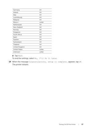 Page 37Turning On/Off the Printer |37
dTa p   Next.
To end the settings, select  No, I’ll Do It Later.
14 When the message  Congratulations, setup is complete.  appears, tap OK.
The printer restarts.
Germany A4
Ireland A4
Italy A4
Luxembourg A4
Malaysia A4
Mexico Letter
Netherlands A4
New Zealand A4
Norway A4
Singapore A4
South Africa A4
Spain A4
Sweden A4
Switzerland A4
Thailand A4
United Kingdom A4
United States Letter
Unknown Letter 