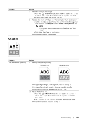 Page 375Tr o u b l e s h o o t i n g |375
Ghosting
2 Raise the transfer unit voltage.aPress the   ( Information) button, and then tap the  Tools tab 
  Admin Settings   Maintenance   Adjust 2nd BTR .
b Increase the voltage. See “Adjust 2nd BTR.”
3 Replace the drum cartridges. See  "Replacing the Drum Cartridges."
a Start the Tool Box on Dell Printer Hub or Dell Printer Management 
Tool, and then click  Reports on the Printer Setting Reports  tab.
NOTE:
•For details about how to start the Tool Box, see...