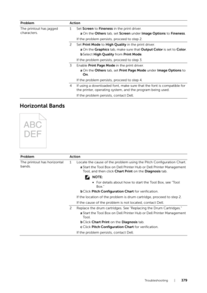 Page 379Tr o u b l e s h o o t i n g |379
Horizontal Bands
ProblemAction
The printout has jagged 
characters. 1Set 
Screen to Fineness  in the print driver.
a On the  Others tab, set  Screen under Image Options  to Fineness.
If the problem persists, proceed to step 2.
2Set  Print Mode  to High Quality  in the print driver.
a On the  Graphics  tab, make sure that Output Color  is set to Color.
b Select  High Quality  from Print Mode .
If the problem persists, proceed to step 3.
3Enable  Print Page Mode  in the...