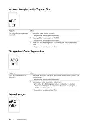 Page 382382|Troubleshooting
Incorrect Margins on the Top and Side
Disorganized Color Registration
Skewed Images
ProblemAction
The top and side margins are 
incorrect. 1 Adjust the paper guides properly.
If the problem persists, proceed to step 2.
2 Use any of the trays in place of the MPF. If the problem persists, proceed to step 3.
3 Make sure that the margins are set correctly on the program being  used.
If the problem persists, contact Dell.
Problem Action
Color registration is out of 
alignment. 1 Adjust the...