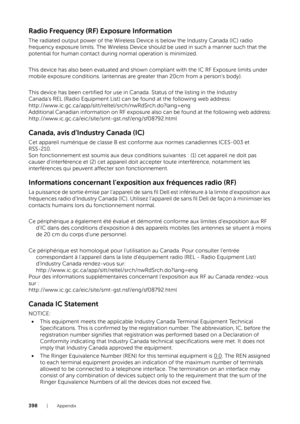 Page 398398| Appendix
Radio Frequency (RF) Exposure Information
The radiated output power of the Wireless Device is below the Industry Canada (IC) radio 
frequency exposure limits. The Wireless Device should be used in such a manner such that the 
potential for human contact during normal operation is minimized.
This device has also been evaluated and shown compliant with the IC RF Exposure limits under 
mobile exposure conditions. (antennas are greater than 20cm from a person's body).
This device has been...