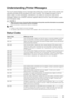 Page 313Understanding Printer Messages |313
Understanding Printer Messages
The touch panel displays error messages describing the current state of the printer and 
indicates possible printer problems you must  resolve. This chapter provides a list of 
status codes or error messages, and info rms you what you can do to clear error 
messages. When you contact customer support  about an error, have the status codes 
and messages ready.
CAUTION:
• When an error occurs, the print data remaining on the printer and the...