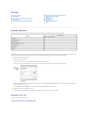 Page 19Printing   
     
   
Printing a Document  
  The driver provided with your printer allows a wide variety of options. The features provided by the printer driver are as follows:  
   
The following procedure describes the general steps required for printing from various Windows applications. The exact steps for printing a document may vary 
depending on the application program you are using. Refer to your software applications  Users Guide  for the exact printing procedure.   
1. Open the document you...