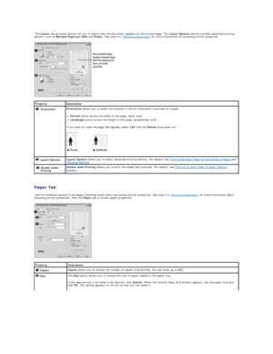 Page 21  The  Layout  tab provides options for you to adjust how the document appears on the printed page. The  Layout Options  section includes advanced printing 
options, such as  Multiple Pages per Side  and  Poster . See step 3 in  Printing a Document  for more information on accessing printer properties.    
 
   
Paper Tab  
  Use the following options to set paper handling needs when you access printer properties. See step 3 in  Printing a Document  for more information about 
accessing printer...