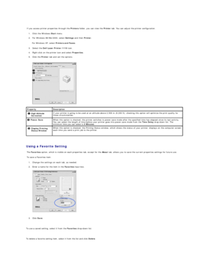 Page 24  If you access printer properties through the  Printers  folder, you can view the  Printer  tab. You can adjust the printer configuration.  
1. Click the Windows  Start  menu.  
 
2. For Windows 98/Me/2000, select  Settings  and then  Printer .  
For Windows XP, select  Printers and Faxes .  
3. Select the  Dell Laser Printer 1110  icon.  
 
4. Right - click on the printer icon and select  Properties .  
 
5. Click the  Printer  tab and set the options.  
 
 
 
 
 
Using a Favorite Setting  
  The...