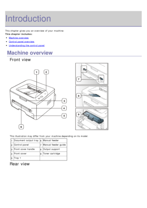 Page 13Introduction
This chapter gives  you an overview  of your  machine:
This chapter includes:
Machine  overview
Control panel overview
Understanding the control panel
Machine overview
Front view
This illustration may differ from  your  machine depending on its  model.1 Document output tray
6Manual  feeder
2 Control panel
7Manual  feeder  guide
3 Front cover handle
8Output support
4 Front cover
9Toner cartridge
5 Tray 1
Rear view
 