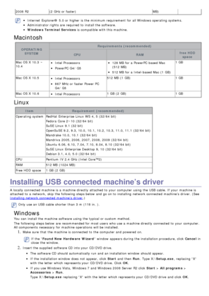 Page 192008 R2(2  GHz or faster) MB)
Internet  Explorer®  5.0 or higher  is the minimum requirement  for all Windows operating  systems.
Administrator rights are required  to  install the software.
Windows Terminal Services is compatible with this machine.
Macintosh
OPERATING
SYSTEM Requirements  (recommended)
CPU RAMfree HDD
space
Mac OS X  10.3  ~
10.4
Intel Processors
PowerPC  G4/  G5
128 MB  for a  PowerPC  based Mac
(512  MB)
512 MB  for a  Intel-based Mac (1  GB) 1 GB
Mac OS X  10.5
Intel Processors
867...