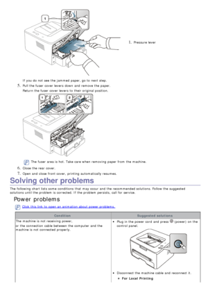 Page 741. Pressure lever
If  you do not see the jammed  paper, go to  next step.
5. Pull the fuser  cover levers  down  and  remove the paper.
Return the fuser  cover levers  to  their original position.
The  fuser  area is hot. Take care when  removing paper from  the machine.
6. Close  the rear cover.
7. Open and  close  front cover,  printing automatically resumes.
Solving other problems
The  following chart lists some  conditions  that  may occur and  the recommended solutions. Follow the suggested...