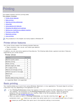 Page 25Printing
This chapter explains  common printing tasks.
This chapter includes:
Printer  driver  features
Basic  printing
Opening  printing preferences
Using help
Using special print  features
Changing the default print  settings
Setting  your  machine as a  default machine
Printing  to  a  file (PRN)
Macintosh  printing
Linux  printing
The  procedures in this chapter are mainly  based on Windows XP.
Printer driver features
Your  printer drivers support the following standard  features:
Paper  orientation,...