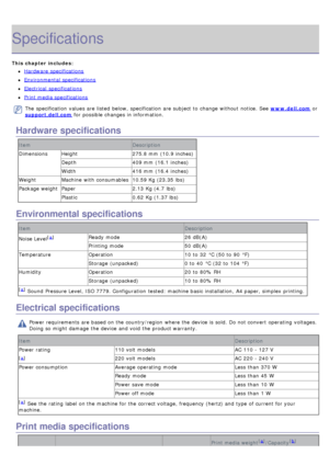 Page 56Specifications
This chapter includes:
Hardware  specifications
Environmental  specifications
Electrical  specifications
Print media specifications
The  specification  values are listed  below,  specification  are subject to  change  without  notice. See www.dell.com or
support.dell.com  for possible changes in information.
Hardware specifications
Item Description
Dimensions Height 275.8 mm  (10.9 inches)
Depth 409 mm  (16.1 inches)
Width 416 mm  (16.4 inches)
Weight Machine  with consumables 10.59 Kg...