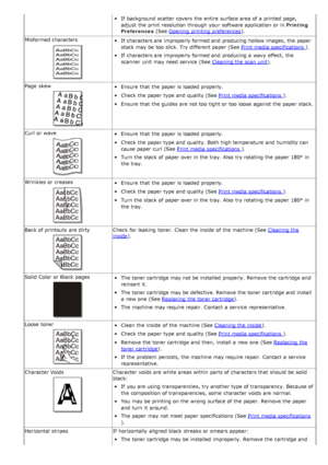 Page 124If  background scatter covers  the entire  surface area of a  printed page,
adjust  the print  resolution through your  software application  or in Printing
Preferences  (See Opening  printing preferences
).
Misformed characters
If  characters are improperly formed and  producing hollow images, the paper
stock may be too  slick. Try different paper (See  Print media specifications 
).
If  characters are improperly formed and  producing a  wavy  effect,  the
scanner  unit  may need  service  (See Cleaning...