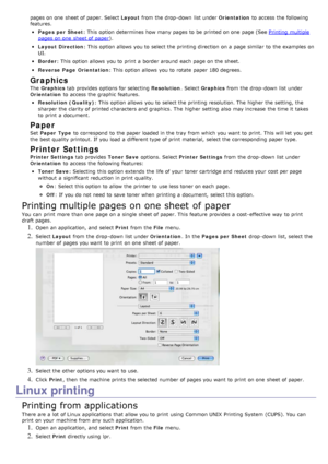 Page 39pages on one  sheet of paper. Select Layout from  the drop -down  list under  Orientation to  access  the following
features.
Pages  per  Sheet : This option  determines how many pages to  be printed on one  page  (See  Printing  multiple
pages on one  sheet of paper).
Layout Direction: This option  allows  you to  select the printing direction  on a  page  similar  to  the examples  on
UI.
Border : This option  allows  you to  print  a  border around  each  page  on the sheet.
Reverse  Page  Orientation...