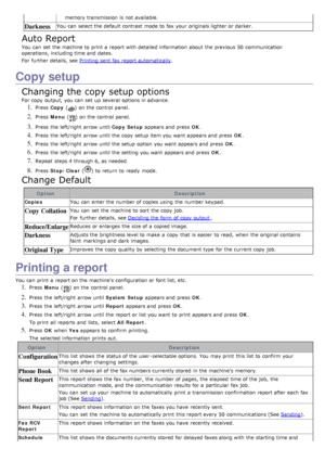 Page 68memory transmission is not available.
DarknessYou  can  select the default contrast  mode to  fax your  originals lighter or darker.
Auto Report
You  can  set  the machine to  print  a  report with detailed information  about  the previous  50  communication
operations, including time and  dates.
For  further details, see Printing  sent fax report automatically
.
Copy setup
Changing the copy setup options
For  copy  output, you can  set  up  several  options in advance.
1. Press  Copy   () on the control...