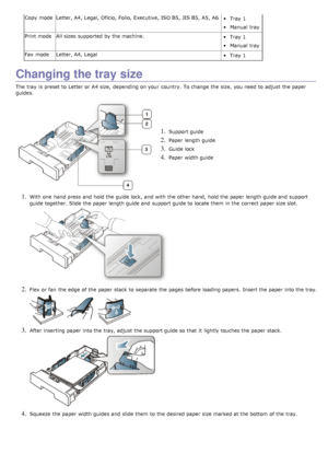 Page 88Copy  mode Letter, A4,  Legal,  Oficio,  Folio, Executive,  ISO B5,  JIS B5,  A5,  A6Tray 1
Manual  tray
Print mode All sizes  supported by the machine.
Tray 1
Manual  tray
Fax  mode Letter, A4,  Legal
Tray 1
Changing the tray size
The  tray  is preset to  Letter or A4 size,  depending on your  country.  To change  the size,  you need  to  adjust  the paper
guides.
1. Support guide
2. Paper  length guide
3. Guide lock
4. Paper  width guide
1. With one  hand press  and  hold the guide lock,  and  with the...