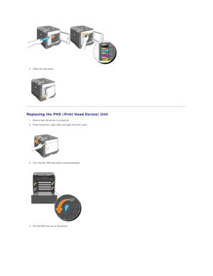 Page 107   
3. Close the side cover.  
 
 
   
Replacing the PHD (Print Head Device) Unit  
1. Ensure that the printer is turned off.  
 
2. Press the button (right side) and open the front cover.  
 
 
   
3. Turn the four PHD lock levers counterclockwise.  
 
 
   
4. Pull the PHD unit out of the printer.  
 
   