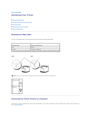 Page 12back to contents page  
Connecting Your Printer   
   
   Choosing the Right Cable  
   Connecting the Printer Directly to a Computer  
   Turn On the Printer  
   Connecting the Printer to a Network  
   Using the Reset button  
Choosing the Right Cable  
   
Your Dell™ Color Laser Printer 1320c interconnection cable must meet the following requirements:  
 
 
   
 
Connecting the Printer Directly to a Computer  
   
A local printer is a printer attached to your computer using a USB cable. If your...