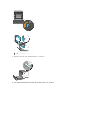 Page 114   
 
   
4. Clean the separator roller inside the printer with a clean dry cotton swab.  
 
 
   
5. Insert the PHD unit until it stops and turn the four PHD lock levers clockwise to lock the PHD unit.  
 
  NOTE:  Keep the PHD unit in the dark place.  