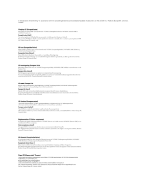 Page 123   
A Declaration of Conformity in accordance with the preceding directives and standards has been made and is on file at Dell Inc. Products Europe BV, Limerick, 
Ireland.  
 
   
 
   
 
   
 
   
 
   
 
   
 
   
 
   
   