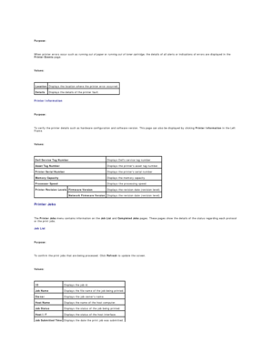 Page 23   
Purpose:  
   
When printer errors occur such as  running out of paper  or  running out of toner cartridge , the details of all alerts or indications of errors are displayed in the 
Printer Events  page.  
   
Values:  
 
Printer Information  
   
Purpose:  
   
To verify the printer details such as hardware configuration and software version. This page can also be displayed by clicking  Printer Information  in the Left 
Frame.  
   
Values:  
 
Printer Jobs  
   
The  Printer Jobs  menu contains...