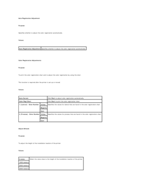 Page 28Auto Registration Adjustment  
   
Purpose:  
   
Specifies whether to adjust the color registration automatically.  
   
Values:  
 
   
   
Color Registration Adjustments  
   
Purpose:  
   
To print the color registration chart and to adjust the color registration by using the chart.  
   
This function is required after the printer is set up or moved.  
   
Values:  
 
   
Adjust Altitude  
   
Purpose:  
   
To adjust the height of the installation location of the printer.  
   
Values:...