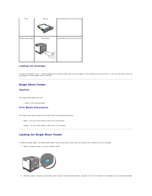 Page 47Loading the Envelope  
   
To load an envelope in Tray 1, load envelopes with the flaps closed when the short - edges of the envelopes enter the printer, or with the flaps open when the 
long - edges of the envelopes enter the printer.  
Single Sheet Feeder  
Capacity  
   
The single sheet feeder can hold:  
   
l 1 sheet of the standard paper.  
 
Print Media Dimensions  
   
The single sheet feeder accepts print media within the following dimensions:  
   
l Width  -  76.2 mm (3.00 inches) to 220.0 mm...