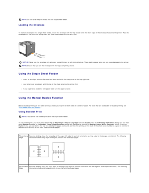 Page 48Loading the Envelope  
   
To load an envelope in the single sheet feeder, insert the envelope with the flap closed when the short edge of the envelop e faces into the printer. Place the 
envelope with the print side facing down and slide the envelope into the entry slot.  
 
   
Using the Single Sheet Feeder  
   
l Insert an envelope with the flap side face down and with the stamp area on the top right side.  
 
     
l Load letterhead face - down, with the top of the sheet entering the printer first....