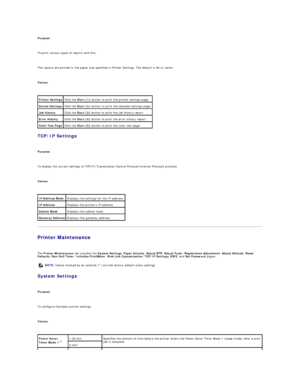 Page 64Purpose:  
   
To print various types of reports and lists.  
   
The reports are printed in the paper size specified in Printer Settings. The default is A4 or Letter.  
   
Values:  
 
TCP/IP Settings  
   
Purpose:  
   
To display the current settings of TCP/IP (Transmission Control Protocol/Internet Protocol) protocol.  
   
Values:  
 
Printer Maintenance  
   
The  Printer Maintenance  tab includes the  System Settings ,  Paper Density ,  Adjust BTR ,  Adjust Fuser ,  Registration Adjustment ,...