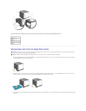 Page 84   
 
Clearing Paper Jams From the Single Sheet Feeder  
1. Pull the jammed paper out of the single sheet feeder. If no jammed paper can be found or it is hard to remove the paper, go to the next step to remove 
the jammed paper from the inside of the printer.  
 
 
   
2. Remove the tray 1 from the printer, and then pull out the jammed paper remaining inside the printer. If no jammed paper can be found or it is hard to 
remove the paper, go to the next step to remove the jammed paper from the inside of...