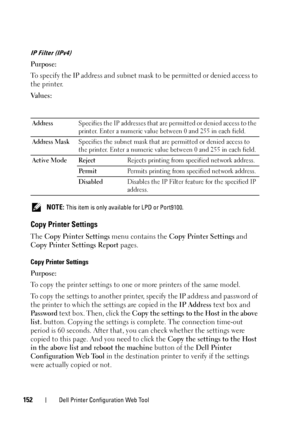 Page 156152Dell Printer Configuration Web Tool
IP Filter (IPv4)
Purpose:
To specify the IP address and subnet mask to be permitted or denied access to 
the printer.
Va l u e s :
 NOTE: This item is only avail able for LPD or Port9100.
Copy Printer Settings
The Copy Printer Settings  menu contains the Copy Printer Settings  and 
Copy Printer Settings Report  pages.
Copy Printer Settings
Purpose:
To copy the printer settings to one  or more printers of the same model.
To copy the settings to another printer,...