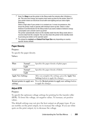 Page 207Understanding the Tool Box Menus203
Paper Density
Purpose:
To specify the paper density.
Va l u e s :
Adjust BTR
Purpose:
To specify the optimum voltage settings for printing for the transfer roller 
(BTR). To lower the voltage, set negati ve values. To increase, set positive 
values.
The default settings may not give the be st output on all paper types. If you 
see mottles on the print output, try to  increase the voltage. If you see white 
spots on the print output, try to decrease the voltage.
*1...