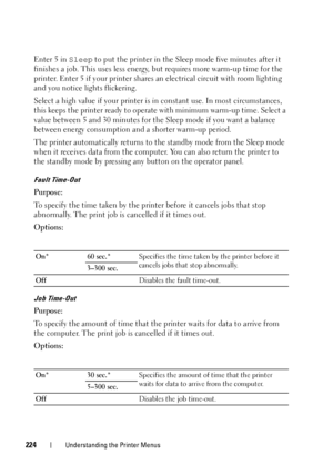 Page 228224Understanding the Printer Menus
Enter 5 in Sleep to put the printer in the Sleep mode five minutes after it 
finishes a job. This uses less energy,  but requires more warm-up time for the 
printer. Enter 5 if your printer shares  an electrical circuit with room lighting 
and you notice lights flickering.
Select a high value if your  printer is in constant use. In most circumstances, 
this keeps the printer ready to operat e with minimum warm-up time. Select a 
value between 5 and 30 minutes for th e...