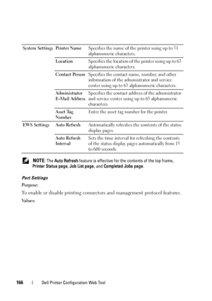 Page 168166Dell Printer Configuration Web Tool
 NOTE: The Auto Refresh feature is effective for the contents of the top frame, 
Printer Status page, Job List page, and Completed Jobs page.
Port Settings
Purpose:
To enable or disable printing connectors and management protocol features.
Va l u e s :System Settings Printer NameSpecifies the name of the printer using up to 31 
alphanumeric characters.
LocationSpecifies the location of the printer using up to 63 
alphanumeric characters.
Contact PersonSpecifies the...