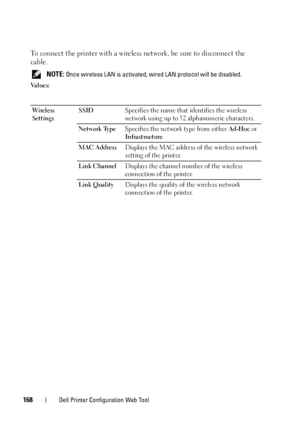 Page 170168Dell Printer Configuration Web Tool
To connect the printer with a wireless network, be sure to disconnect the 
cable.
 NOTE: Once wireless LAN is activated, wired LAN protocol will be disabled.
Va l u e s :
Wireless 
SettingsSSIDSpecifies the name that identifies the wireless 
network using up to 32 alphanumeric characters.
Network TypeSpecifies the network type from either Ad-Hoc or 
Infrastructure.
MAC AddressDisplays the MAC address of the wireless network 
setting of the printer.
Link...
