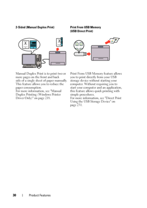 Page 3230Product Features
2-Sided (Manual Duplex Print)
Manual Duplex Print is to print two or 
more pages on the front and back 
side of a single sheet of paper manually. 
This feature allows you to reduce the 
paper consumption.
For more information, see Manual 
Duplex Printing (Windows Printer 
Driver Only) on page 218.Print From USB Memory 
(USB Direct Print)
Print From USB Memory feature allows 
you to print directly from your USB 
storage device without starting your 
computer. Without requiring you to...