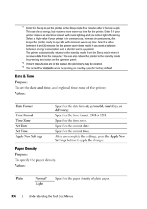 Page 338336Understanding the Tool Box Menus
Date & Time
Purpose:
To set the date and time, and regional time zone of the printer.
Va l u e s :
Paper Density
Purpose:
To specify the paper density.
Va l u e s :
*1  Enter 5 in Sleep to put the printer in the Sleep mode five minutes after it finishes a job. 
This uses less energy, but requires more warm-up time for the printer. Enter 5 if your 
printer shares an electrical circuit with room lighting and you notice lights flickering.
Select a high value if your...