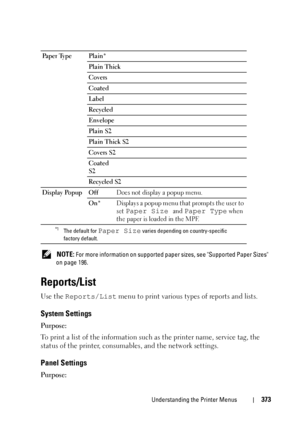 Page 375Understanding the Printer Menus373
 NOTE: For more information on supported paper sizes, see Supported Paper Sizes 
on page 196.
Reports/List
Use the Reports/List menu to print various types of reports and lists.
System Settings
Purpose:
To print a list of the information such as the printer name, service tag, the 
status of the printer, consumables, and the network settings.
Panel Settings
Purpose:
Paper Type Plain*
Plain Thick
Covers
Coated
Label
Recycled
Envelope
Plain S2
Plain Thick S2
Covers S2...