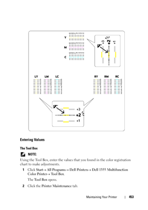 Page 455Maintaining Your Printer453
Entering Values
The Tool Box
 NOTE: 
Using the Tool Box, enter the values that you found in the color registration 
chart to make adjustments. 
1
Click Start All Programs Dell Printers Dell 1355 Multifunction 
Color Printer
 Tool Box.
The 
Tool Box opens.
2Click the Printer Maintenance tab.
 