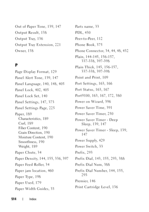 Page 516514Index
Out of Paper Tone, 139, 147
Output Result, 138
Output Tray, 136
Output Tray Extension, 221
Owner, 138
P
Page Display Format, 129
Panel Alert Tone, 139, 147
Panel Language, 140, 148, 405
Panel Lock, 402, 405
Pa n e l  L o c k  S e t , 1 4 0
Panel Settings, 147, 373
Panel Settings Page, 225
Pa p e r, 1 8 9
Characteristics, 1 89
Curl, 189
Fiber Content, 1 90
Grain Direction, 19 0
Moisture Content, 190
Smoothness, 1 9 0
Weight, 189
Pa p e r  C h u t e , 3 4
Paper Density, 144, 155, 336, 397
Paper...