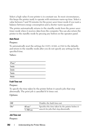 Page 394392Understanding the Printer Menus
Select a high value if your printer is in constant use. In most circumstances, 
this keeps the printer ready to operate with minimum warm-up time. Select a 
value between 5 and 30 minutes for the power saver timer mode if you want a 
balance between energy consumption and a shorter warm-up period.
The printer automatically returns to the standby mode from the power saver 
timer mode when it receives data from the computer. You can also return the 
printer to the standby...