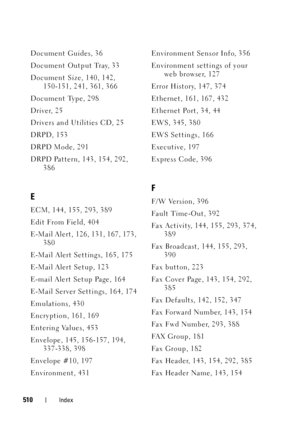 Page 512510Index
Document Guides, 36
Document Output Tray, 33
Document Size, 140, 142, 
150-151, 241, 361, 366
Document Type, 298
Driver, 25
Drivers and Utilities CD, 25
DRPD, 153
DRPD Mode, 291
DRPD Pattern, 143, 154, 292, 
386
E
ECM, 144, 155, 293, 389
Edit From Field, 404
E-Mail Alert, 126, 131, 167, 173, 
380
E-Mail Alert Settings, 165, 175
E-Mail Alert Setup, 123
E-mail Alert Setup Page, 164
E-Mail Server Settings, 164, 174
Emulations, 430
Encryption, 161, 169
Entering Values, 453
Envelope, 145, 156-157,...