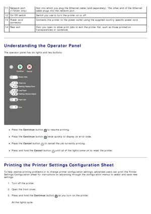 Page 12Understanding the Operator Panel
The  operator  panel has  six lights and  two buttons.
Press  the Continue button  to  resume printing.
Press  the Continue button  twice  quickly  to  display  an error code.
Press  the Cancel button  to  cancel the job currently printing.
Press  and  hold the  Cancel button  until all of the lights come  on to  reset the printer.
Printing the Printer Settings Configuration Sheet
To help resolve  printing problems or to  change  printer configuration settings, advanced...