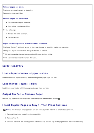 Page 42Printed  pages  are blank.
The  toner cartridge is empty  or defective.
Replace the toner cartridge.
Printed  pages  are solid black.
The  toner cartridge is defective.
Your  printer requires  servicing.
Try the following:
Replace the toner cartridge.
Call  for service.
Paper curls badly once it prints and  exits to the bin.
The  Paper  Texture1 setting  is wrong  for the type of paper or specialty media you are using.
Change the Paper  Texture
1 from  Rough  to  Normal or Smooth.
1 This setting  can  be...