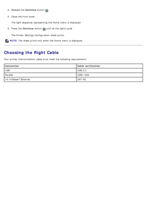 Page 134.  Release the  Continue button .
5 .  Close  the front cover.
The  light  sequence representing  the Home  menu  is displayed.
6 .  Press  the  Continue button 
 until all the lights cycle.
The  Printer  Settings Configuration  sheet prints.
Choosing the Right Cable
Your  printer interconnection cable  must  meet the following requirements:
NOTE:  The  sheet prints only  when  the Home  menu  is displayed.
Connection Cable  certification
USB USB  2.0
Parallel IEEE-1284
10/100BaseT Ethernet CAT-5E
 