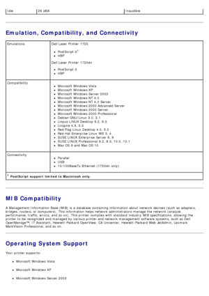 Page 58Emulation, Compatibility, and Connectivity
MIB Compatibility
A  Management Information  Base (MIB)  is a  database containing  information  about  network devices (such  as adapters,
bridges, routers, or computers).  This information  helps network administrators  manage  the network (analyze
performance, traffic, errors, and  so on). This printer complies with standard  industry  MIB specifications, allowing  the
printer to  be recognized  and  managed by various printer and  network management software...