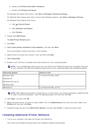 Page 68b.  Double -click   Printers and Other  Hardware .
c .  Double -click   Printers and Faxes .
For  Windows XP (Classic  Start menu):  Click  Start® Settings ® Printers and Faxes .
For  Windows Vista (Classic  Start menu) and  all other Windows versions:  Click  Start® Settings ® Printers .
For  Windows Vista (default  Start menu):
a.  Click  
® Control  Panel .
b .  Click   Hardware  and Sound .
c .  Click   Printers .
3 .  Double -click   Add  Printer.
The   Add  Printer Wizard  opens.
4 .  Click...