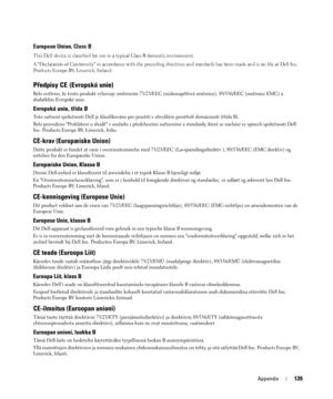 Page 139Appendix139
European Union, Class B
This Dell device is classified for use in a typical Class B domestic environment. 
A Declaration of Conformity in accordance with the preceding directives and standards has been made and is on file at Dell Inc. 
Products Europe BV, Limerick, Ireland.
 