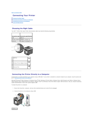 Page 137Back to Contents Page    
 Connecting Your Printer   
   Choosing the Right Cable   
   Connecting the Printer Directly to a Computer   
   Connecting the Printer to the Network   
   Using the Reset Button   
 
Choosing the Right Cable   
Your Dell™ 2130cn Color Laser Printer interconnection cable must meet the following requirements:  
   
Connecting the Printer Directly to a Computer   
A local printer is a printer attached to your computer using a USB cable. If your printer is attached to a network...