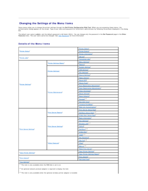Page 148Changing the Settings of the Menu Items   
Some menus allow you to change the printer settings through the  Dell Printer Configuration Web Tool . When you are accessing these menus, the 
authentication dialog appears on the screen. Type a user name and password for the printers administrator by following the prompts displayed in the dialog 
box.  
The default user name is  admin , and the default password is left blank (NULL). You can change only the password in the  Set Password  page in the  Other...