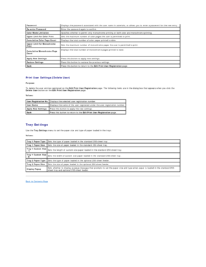 Page 167   
Print User Settings (Delete User)   
Purpose:  
To delete the user entries registered on the  Edit Print User Registration  page. The following items are in the dialog box that appears when you click the 
Delete User  button on the  Edit Print User Registration  page.  
Values:  
   
Tray Settings  
Use the  Tray Settings  menu to set the paper size and type of paper loaded in the trays.  
Values:  
Back to Contents Page  
    Password   Displays the password associated with the user name in...